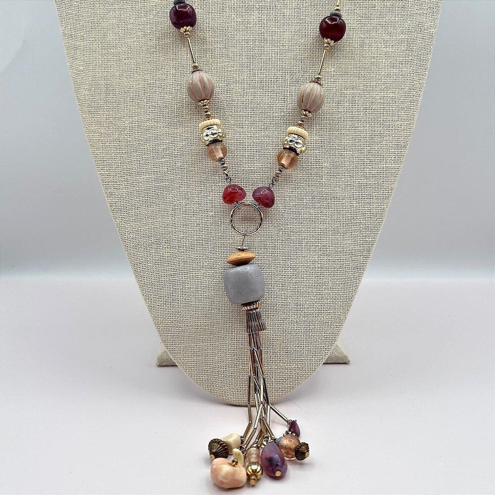 Vintage Gold Tone Long Tassel Pendant Necklace Mixed Beaded Boho Earthy Retro